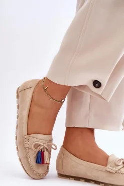 Clearance Zamszowe Mokasyny Z Kokardą I Frędzlami Beżowe Dorine Damskie Loafersy Damskie|Mokasyny Damskie Zamszowe