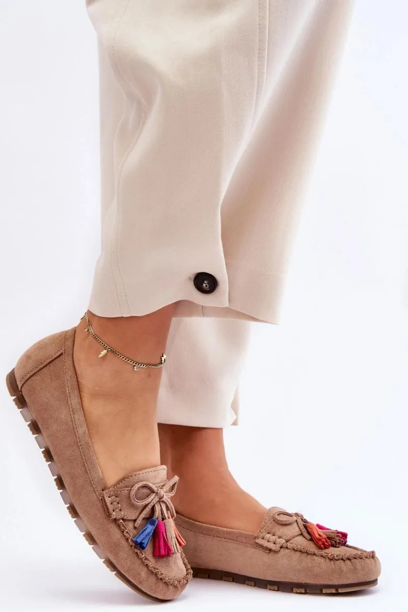 Outlet Boto Zamszowe Mokasyny Z Kokardą I Frędzlami Ciemnobeżowe Dorine Beżowy