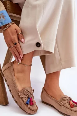 Outlet Boto Zamszowe Mokasyny Z Kokardą I Frędzlami Ciemnobeżowe Dorine Beżowy