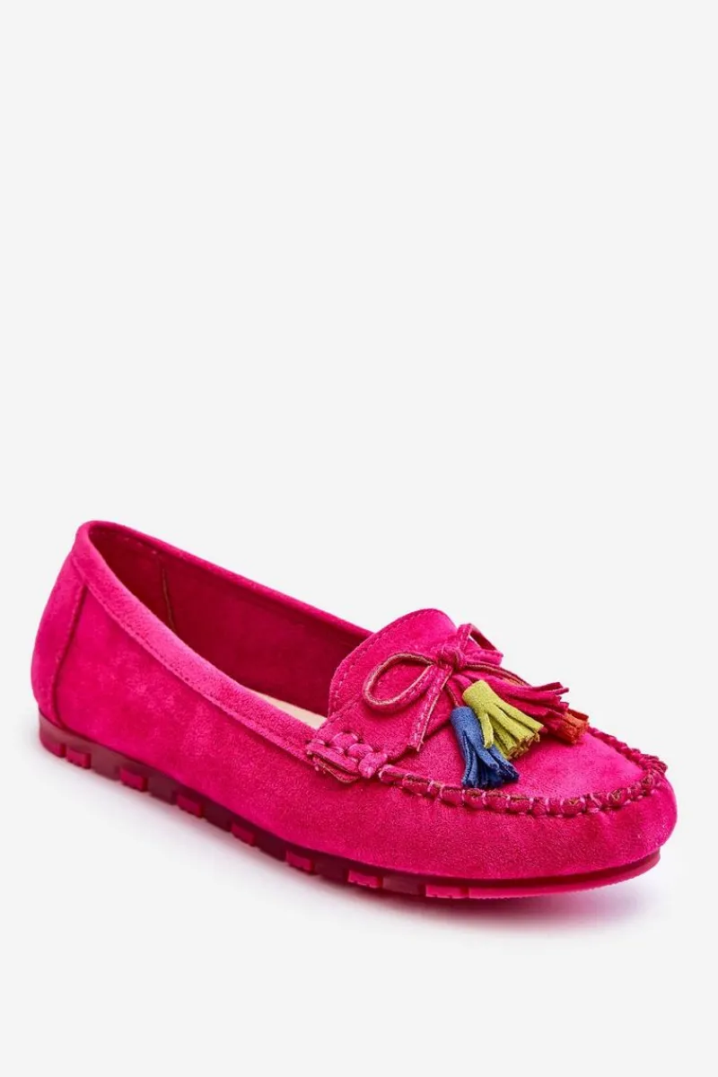 Hot Zamszowe Mokasyny Z Kokardą I Frędzlami Fuksja Dorine Damskie Loafersy Damskie|Mokasyny Damskie Zamszowe