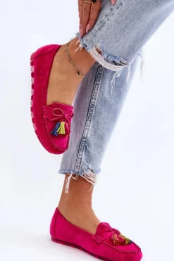 Hot Zamszowe Mokasyny Z Kokardą I Frędzlami Fuksja Dorine Damskie Loafersy Damskie|Mokasyny Damskie Zamszowe