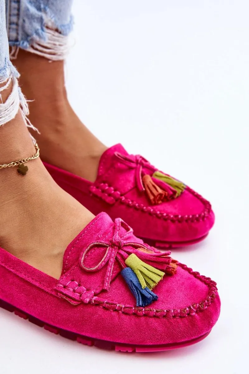 Hot Zamszowe Mokasyny Z Kokardą I Frędzlami Fuksja Dorine Damskie Loafersy Damskie|Mokasyny Damskie Zamszowe