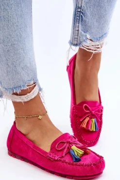 Hot Zamszowe Mokasyny Z Kokardą I Frędzlami Fuksja Dorine Damskie Loafersy Damskie|Mokasyny Damskie Zamszowe