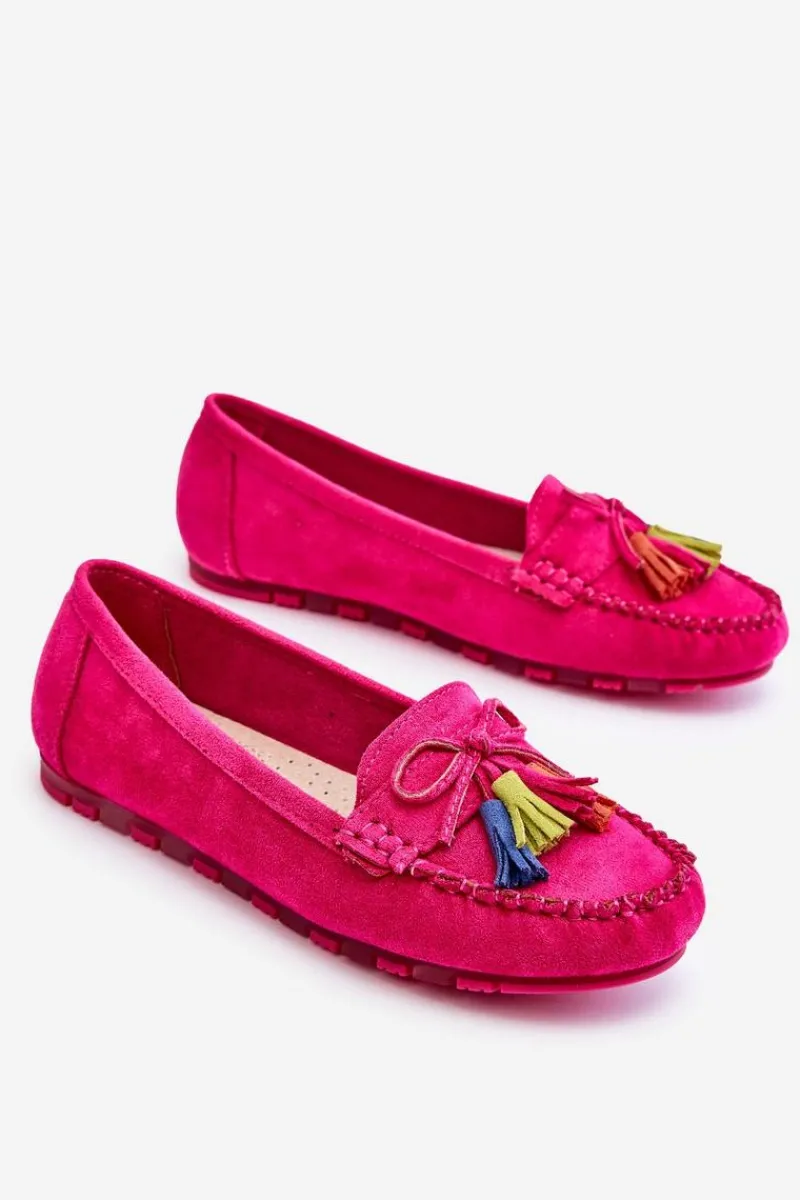 Hot Zamszowe Mokasyny Z Kokardą I Frędzlami Fuksja Dorine Damskie Loafersy Damskie|Mokasyny Damskie Zamszowe