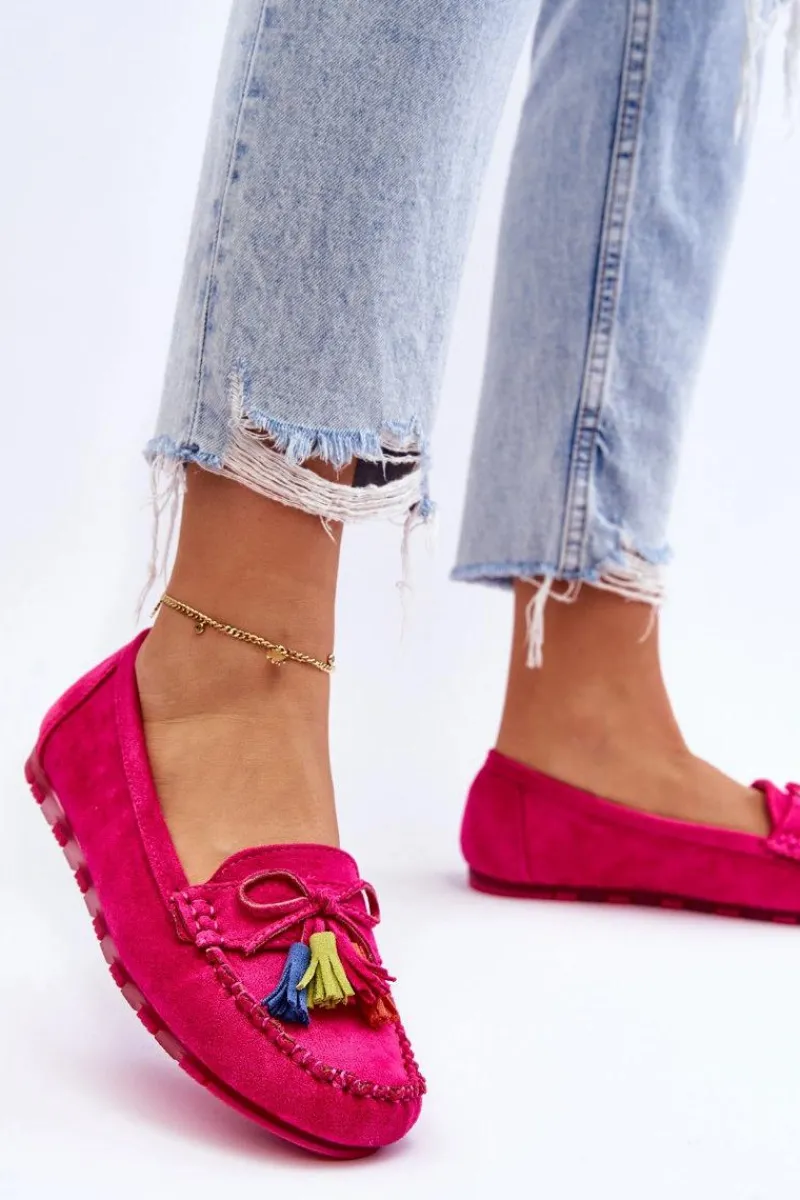 Hot Zamszowe Mokasyny Z Kokardą I Frędzlami Fuksja Dorine Damskie Loafersy Damskie|Mokasyny Damskie Zamszowe