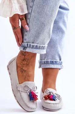 New Boto Zamszowe Mokasyny Z Kokardą I Frędzlami Szare Dorine Szary