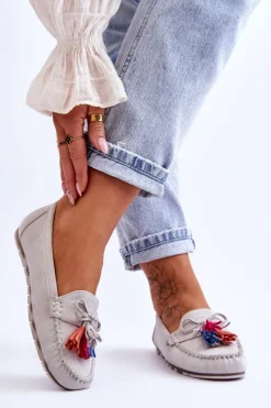 New Boto Zamszowe Mokasyny Z Kokardą I Frędzlami Szare Dorine Szary