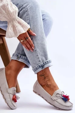 New Boto Zamszowe Mokasyny Z Kokardą I Frędzlami Szare Dorine Szary