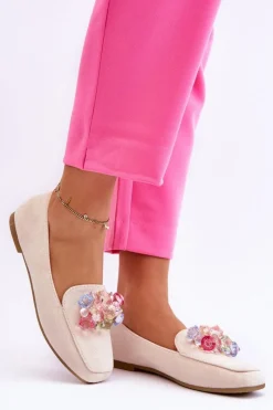 Outlet Zamszowe Mokasyny Z Ozdobnymi Kryształami Beżowe Arvilla Damskie Mokasyny Damskie Zamszowe