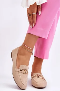 Mokasyny Damskie Zamszowe>Buty damskie Vinceza Zamszowe Mokasyny Z Ozdobnym Elementem Beżowe Reed