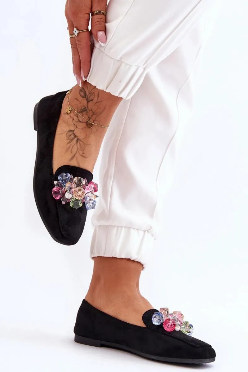 New Boto Zamszowe Mokasyny Z Ozdobnymi Kryształami Czarne Arvilla