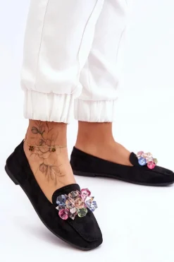 New Boto Zamszowe Mokasyny Z Ozdobnymi Kryształami Czarne Arvilla