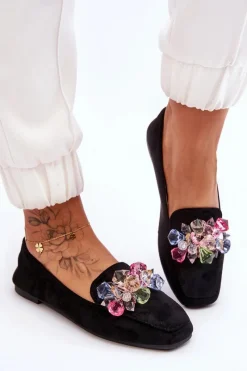 New Boto Zamszowe Mokasyny Z Ozdobnymi Kryształami Czarne Arvilla