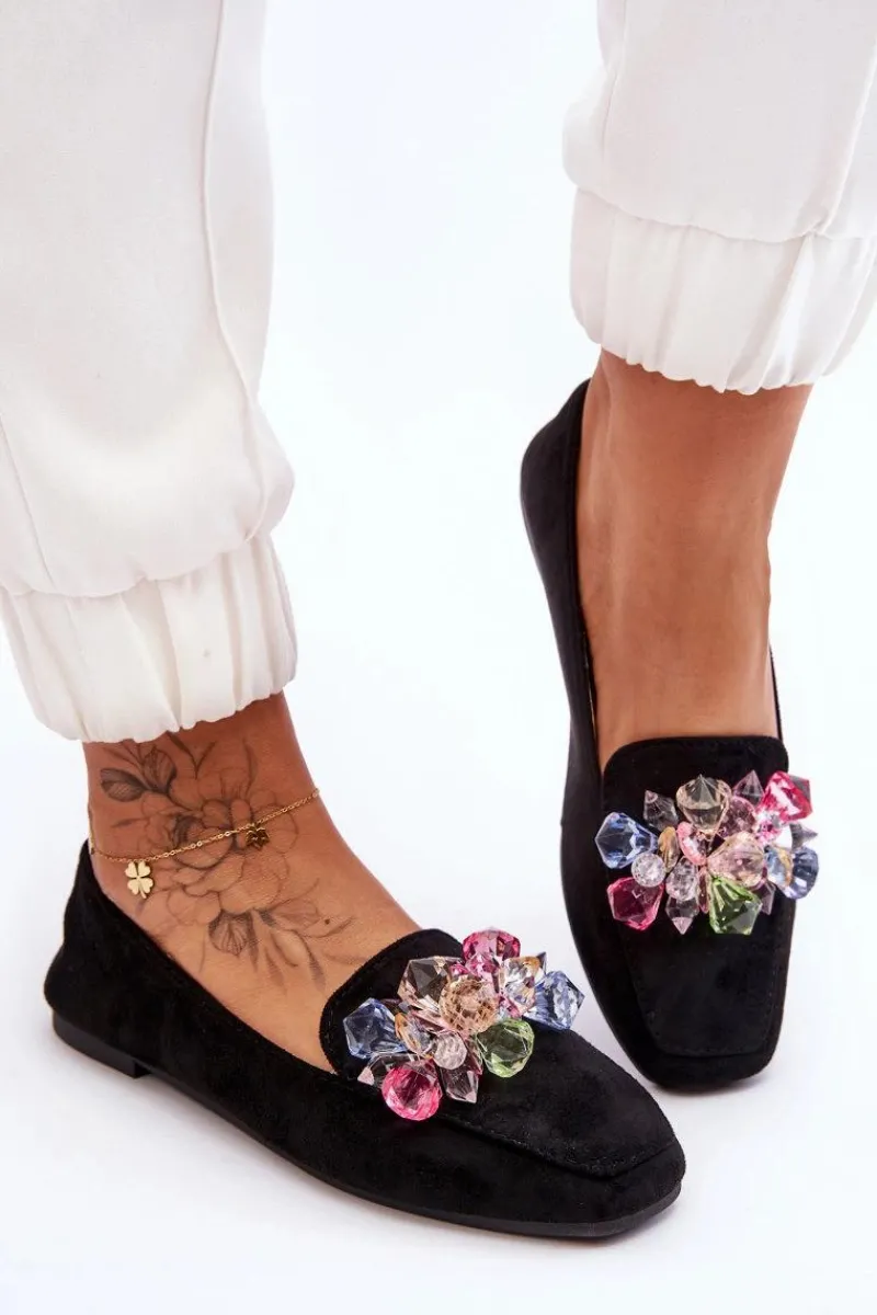 New Boto Zamszowe Mokasyny Z Ozdobnymi Kryształami Czarne Arvilla