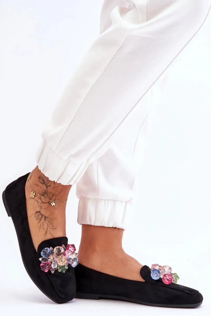 New Boto Zamszowe Mokasyny Z Ozdobnymi Kryształami Czarne Arvilla