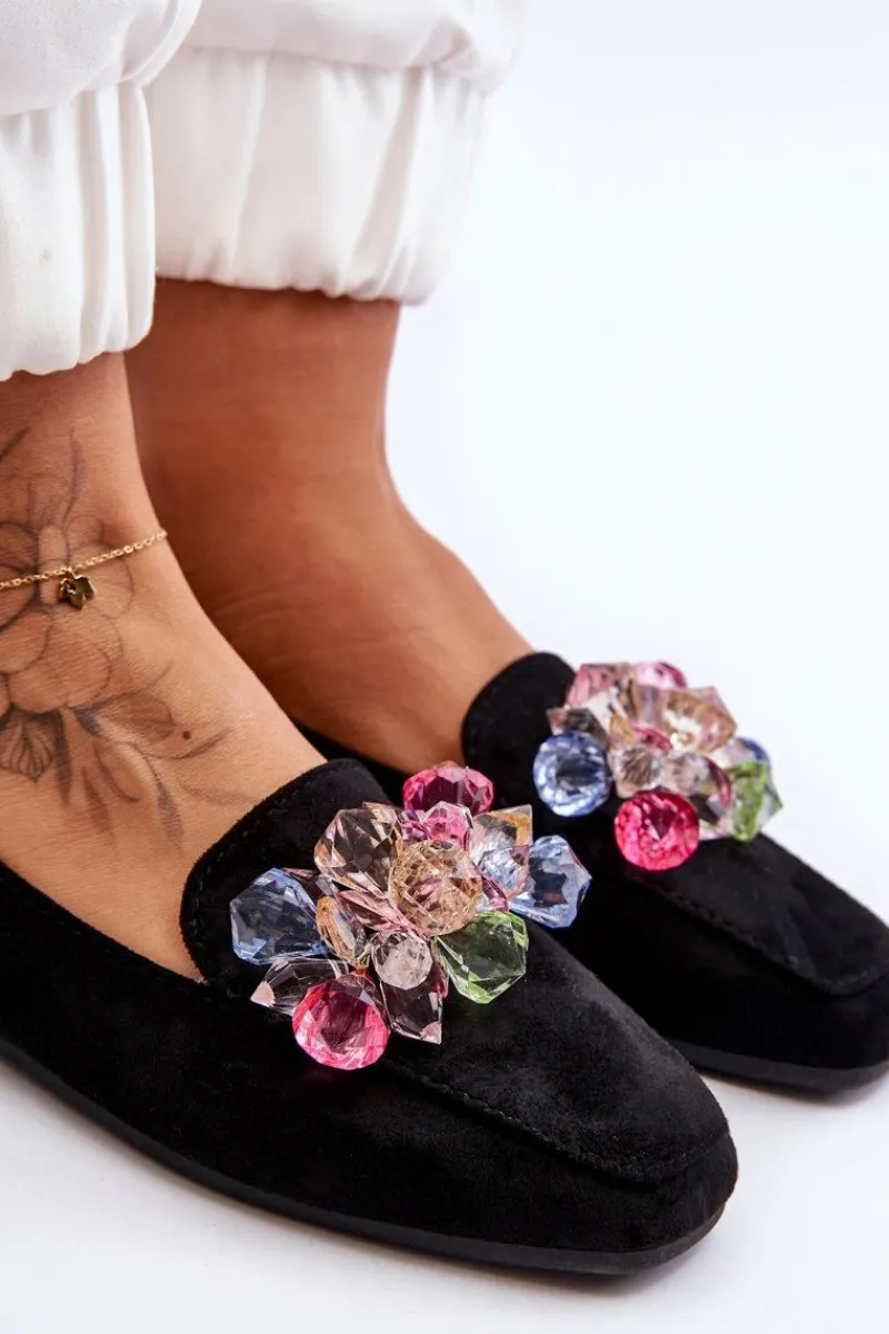 New Boto Zamszowe Mokasyny Z Ozdobnymi Kryształami Czarne Arvilla