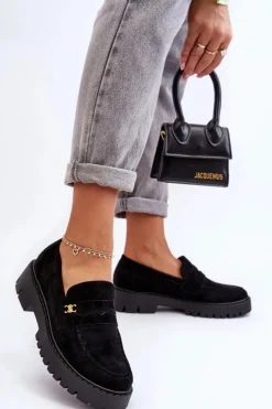 New Zamszowe Mokasyny Z Ozdobą Czarne Esperta Damskie Mokasyny Na Platformie|Mokasyny Damskie Zamszowe