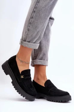 New Zamszowe Mokasyny Z Ozdobą Czarne Esperta Damskie Mokasyny Na Platformie|Mokasyny Damskie Zamszowe