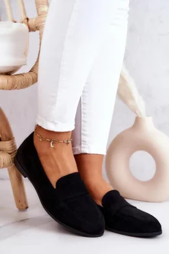 Mokasyny Damskie Zamszowe>Evento Zamszowe Mokasyny Z Paskiem Czarne Jayden