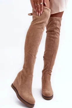 Clearance Zamszowe Muszkieterki Kozaki Na Koturnie Beżowe Mephal Damskie Muszkieterki|Kozaki Na Koturnie