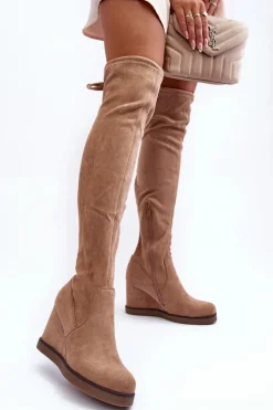 Clearance Zamszowe Muszkieterki Kozaki Na Koturnie Beżowe Mephal Damskie Muszkieterki|Kozaki Na Koturnie