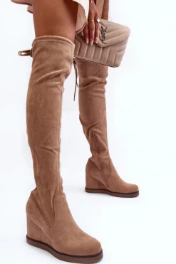 Clearance Zamszowe Muszkieterki Kozaki Na Koturnie Beżowe Mephal Damskie Muszkieterki|Kozaki Na Koturnie