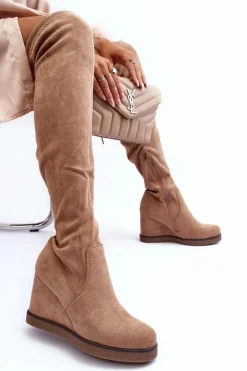 Clearance Zamszowe Muszkieterki Kozaki Na Koturnie Beżowe Mephal Damskie Muszkieterki|Kozaki Na Koturnie