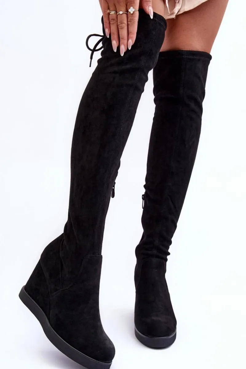 Sale Boto Zamszowe Muszkieterki Kozaki Na Koturnie Czarne Mephal