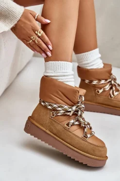 Śniegowce Damskie></noscript>D.Franklin Zamszowe Śniegowce Damskie Z Grubym Sznurowaniem DFSH375003 Brązowe Brązowy