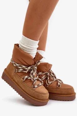 Śniegowce Damskie></noscript>D.Franklin Zamszowe Śniegowce Damskie Z Grubym Sznurowaniem DFSH375003 Brązowe Brązowy