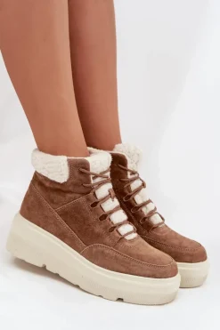 Outlet Zamszowe Śniegowce Damskie Z Kożuszkiem Na Platformie Vinceza 95354 Camel Damskie Śniegowce Damskie