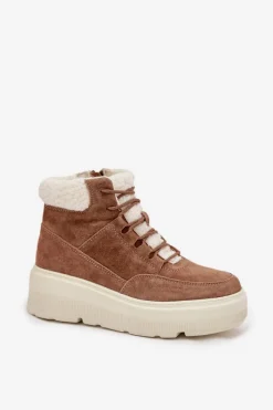 Outlet Zamszowe Śniegowce Damskie Z Kożuszkiem Na Platformie Vinceza 95354 Camel Damskie Śniegowce Damskie