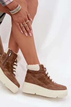 Outlet Zamszowe Śniegowce Damskie Z Kożuszkiem Na Platformie Vinceza 95354 Camel Damskie Śniegowce Damskie