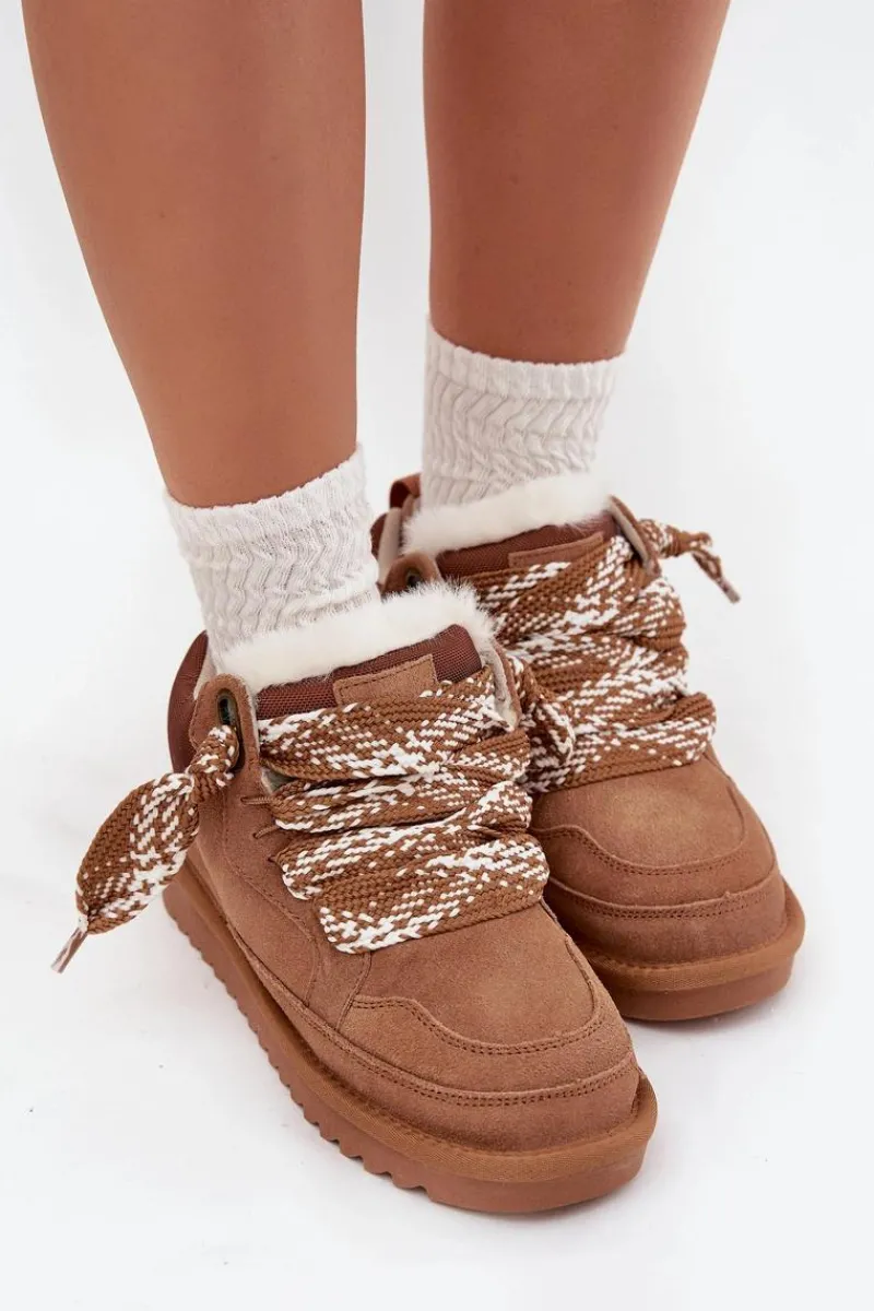 Online Zamszowe Śniegowce Damskie Z Futerkiem I Grubym Sznurowaniem Vinceza 97963 Camel Damskie Śniegowce Damskie