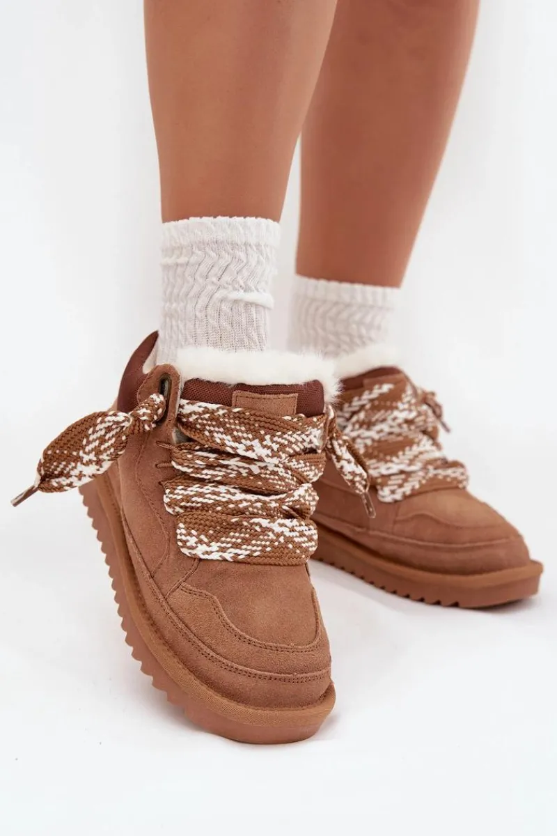 Online Zamszowe Śniegowce Damskie Z Futerkiem I Grubym Sznurowaniem Vinceza 97963 Camel Damskie Śniegowce Damskie