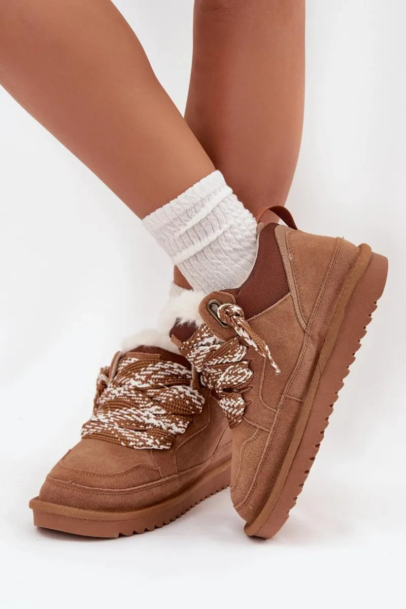 Online Zamszowe Śniegowce Damskie Z Futerkiem I Grubym Sznurowaniem Vinceza 97963 Camel Damskie Śniegowce Damskie