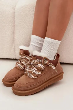 Online Zamszowe Śniegowce Damskie Z Futerkiem I Grubym Sznurowaniem Vinceza 97963 Camel Damskie Śniegowce Damskie