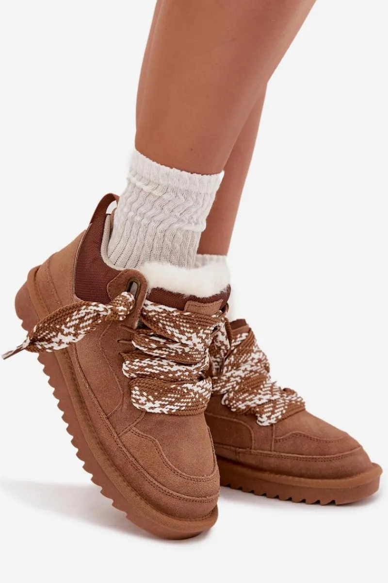 Online Zamszowe Śniegowce Damskie Z Futerkiem I Grubym Sznurowaniem Vinceza 97963 Camel Damskie Śniegowce Damskie