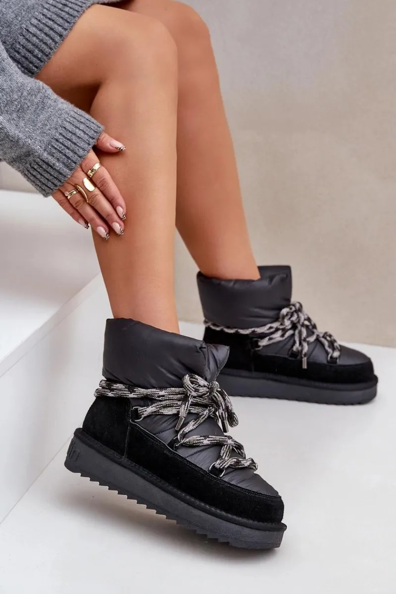 Śniegowce Damskie>D.Franklin Zamszowe Śniegowce Damskie Z Grubym Sznurowaniem DFSH375003 Czarne Czarny