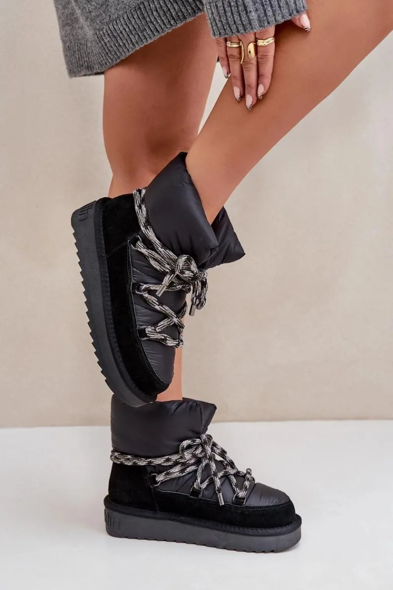 Śniegowce Damskie>D.Franklin Zamszowe Śniegowce Damskie Z Grubym Sznurowaniem DFSH375003 Czarne Czarny