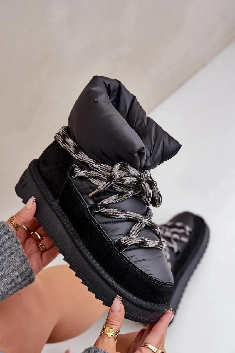 Śniegowce Damskie>D.Franklin Zamszowe Śniegowce Damskie Z Grubym Sznurowaniem DFSH375003 Czarne Czarny