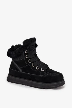 Zamszowe Śniegowce Trapery Damskie Na Platformie Z Futerkiem Big Star SS274369 Czarne Damskie Śniegowce Damskie