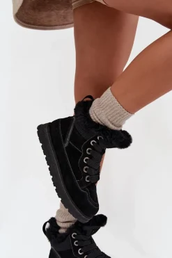 Zamszowe Śniegowce Trapery Damskie Na Platformie Z Futerkiem Big Star SS274369 Czarne Damskie Śniegowce Damskie