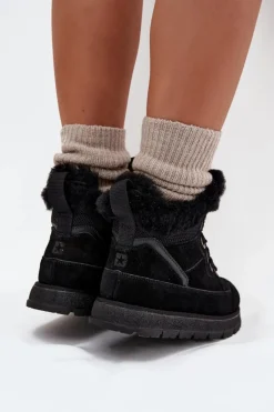 Zamszowe Śniegowce Trapery Damskie Na Platformie Z Futerkiem Big Star SS274369 Czarne Damskie Śniegowce Damskie