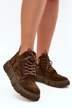 Clearance Zamszowe Niskie Botki Damskie Na Platformie Big Star SS274595 Brązowe Damskie Botki Ocieplane|Damskie Trapery