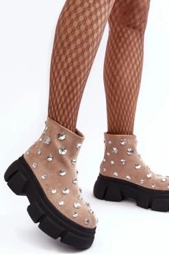 Botki Zimowe Damskie|Brązowe I Beżowe Botki>Damskie buty S.Barski Zamszowe Ocieplane Botki Z Kryształkami D&A MR870-83 Beżowe