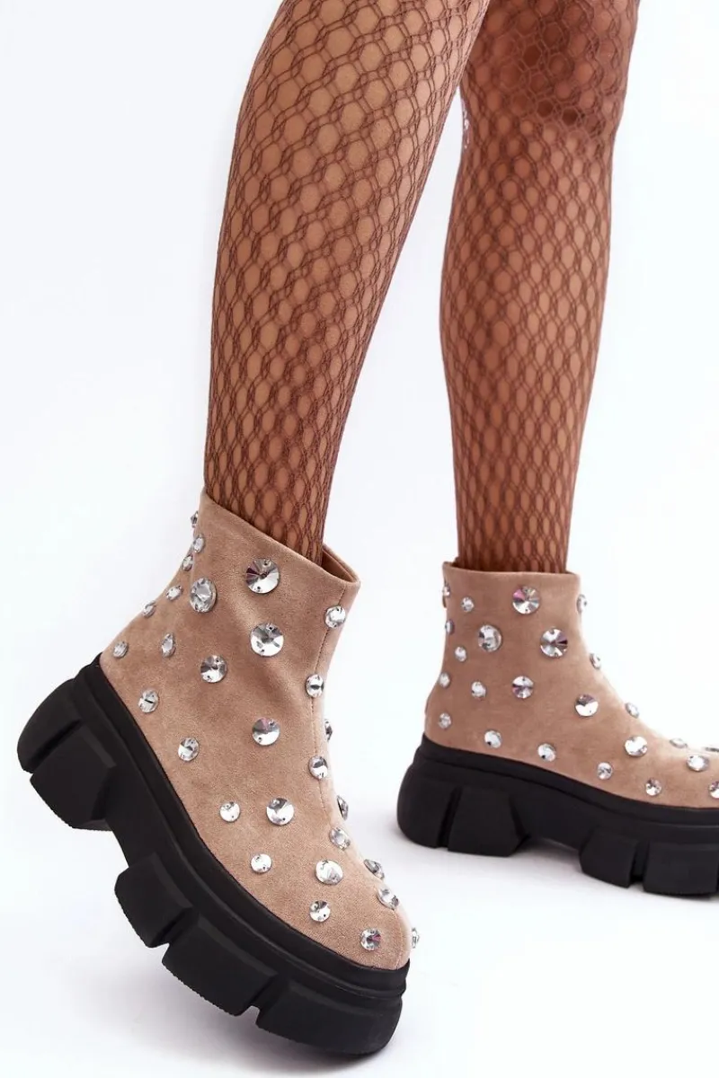 Botki Zimowe Damskie|Brązowe I Beżowe Botki>Damskie buty S.Barski Zamszowe Ocieplane Botki Z Kryształkami D&A MR870-83 Beżowe