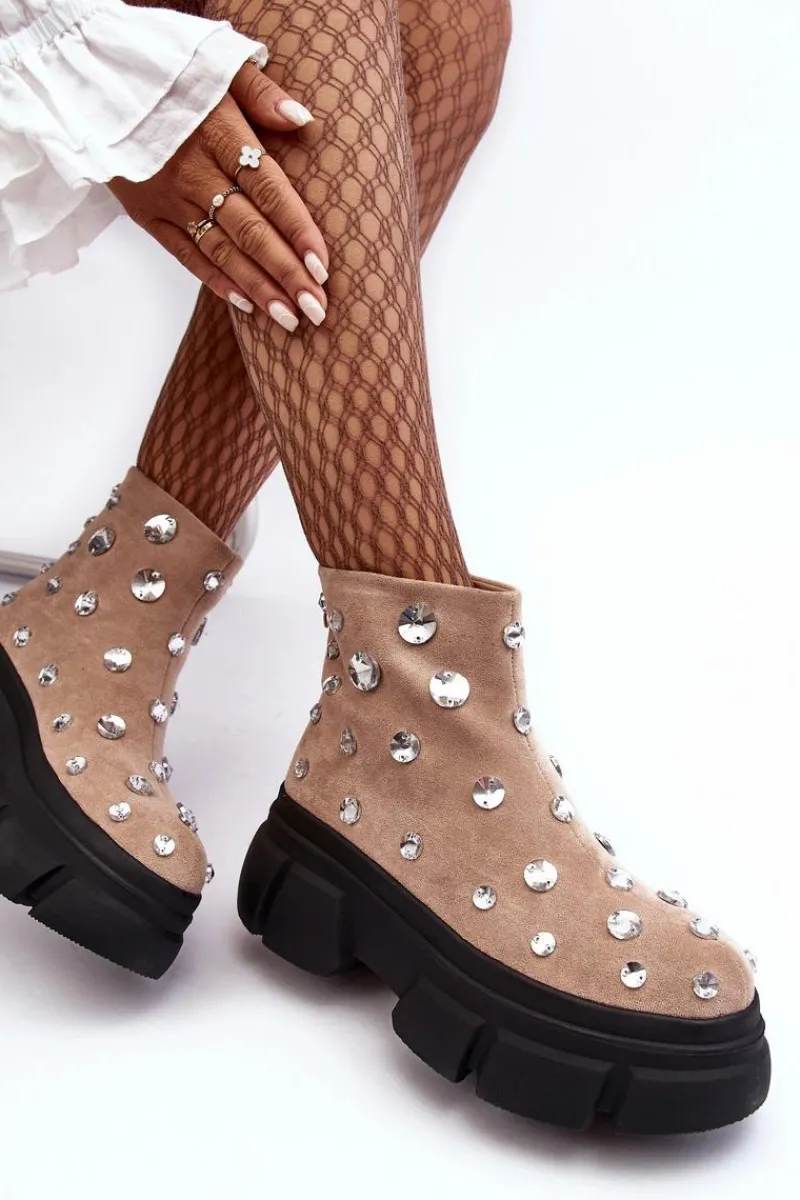 Botki Zimowe Damskie|Brązowe I Beżowe Botki>Damskie buty S.Barski Zamszowe Ocieplane Botki Z Kryształkami D&A MR870-83 Beżowe