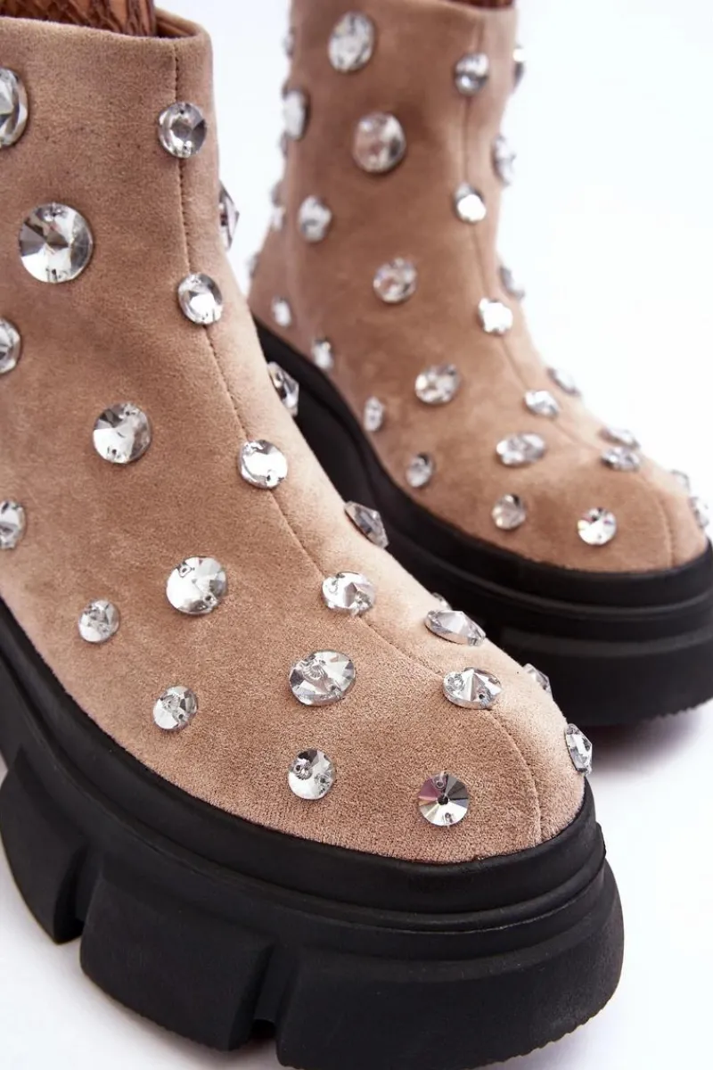 Botki Zimowe Damskie|Brązowe I Beżowe Botki>Damskie buty S.Barski Zamszowe Ocieplane Botki Z Kryształkami D&A MR870-83 Beżowe