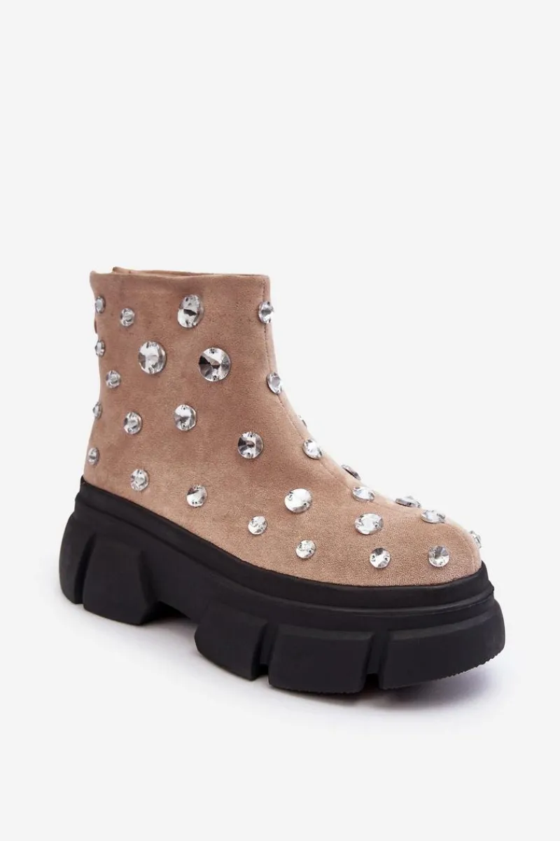 Botki Zimowe Damskie|Brązowe I Beżowe Botki>Damskie buty S.Barski Zamszowe Ocieplane Botki Z Kryształkami D&A MR870-83 Beżowe
